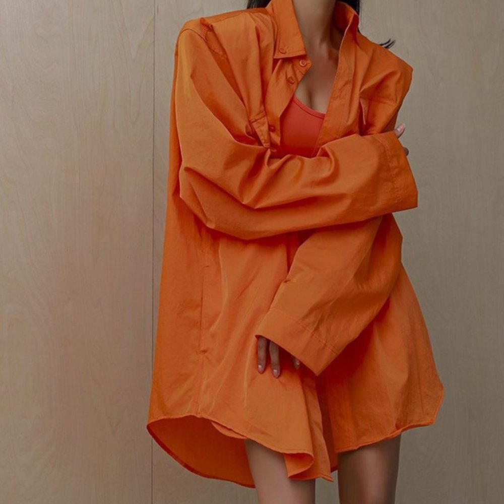 Like New The Frankie Shop Soma Oversized Shirt Jacket in Tangerine (One Size)